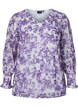 Bloemenblouse met lange mouwen en v-hals, Beige/Purple Flower, Packshot image number 0