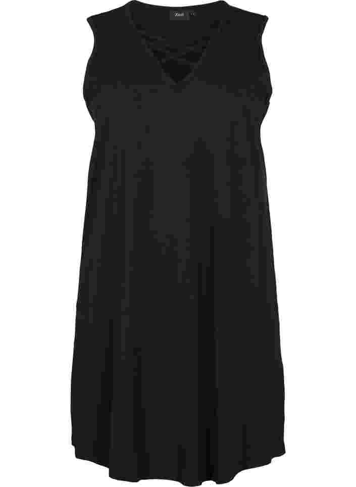 Mouwloze nachtjapon met v-hals en riempje, Black, Packshot image number 0
