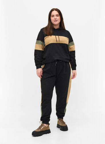 Sweatshirt met capuchon en trackdetails, Black/Camel, Model image number 2