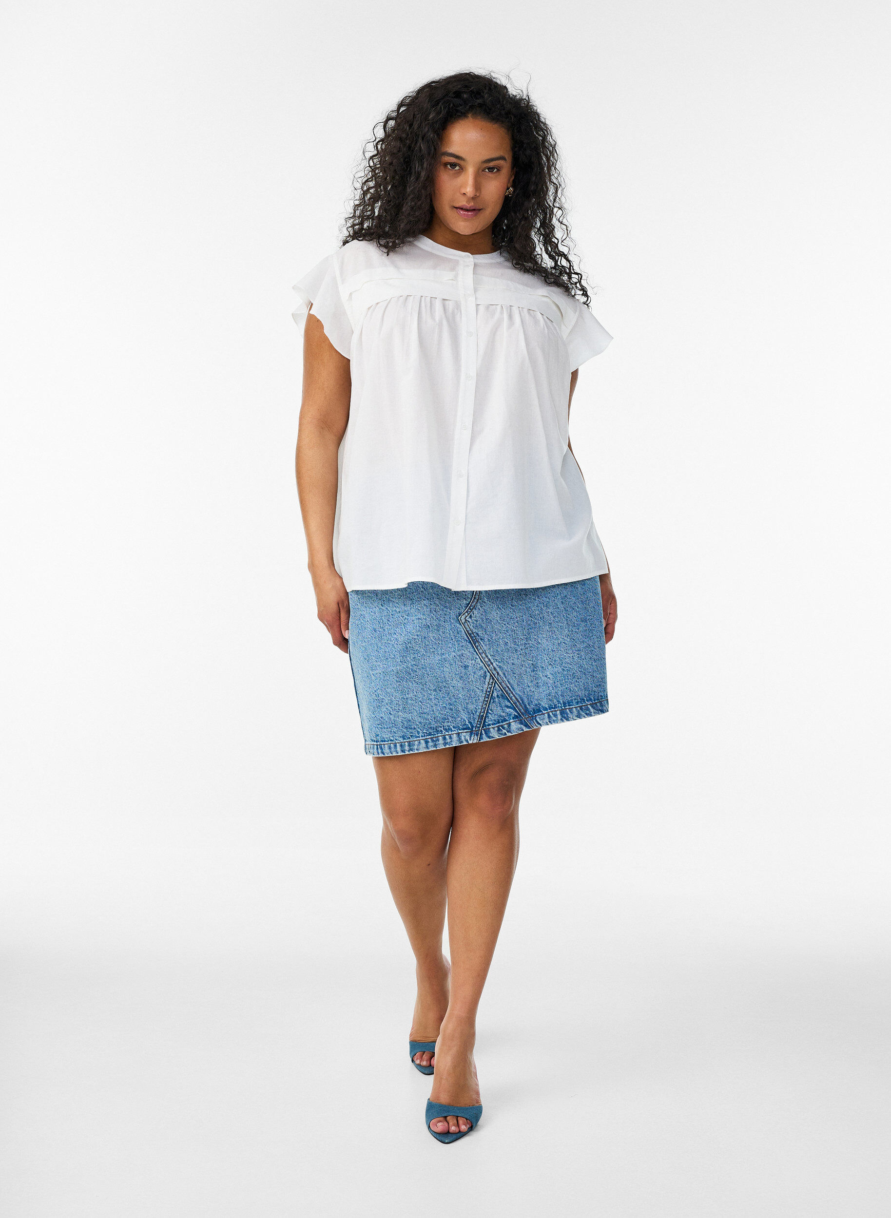 ZizziMouwloze A-lijn katoenen blouseshirt, Wit, Model image number 1