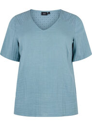 Katoenen blouse met borduursel en korte mouwen, Smoke Blue