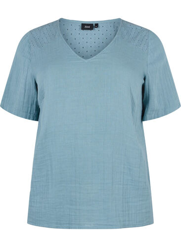 Katoenen blouse met borduursel en korte mouwen, Smoke Blue, Packshot image number 0