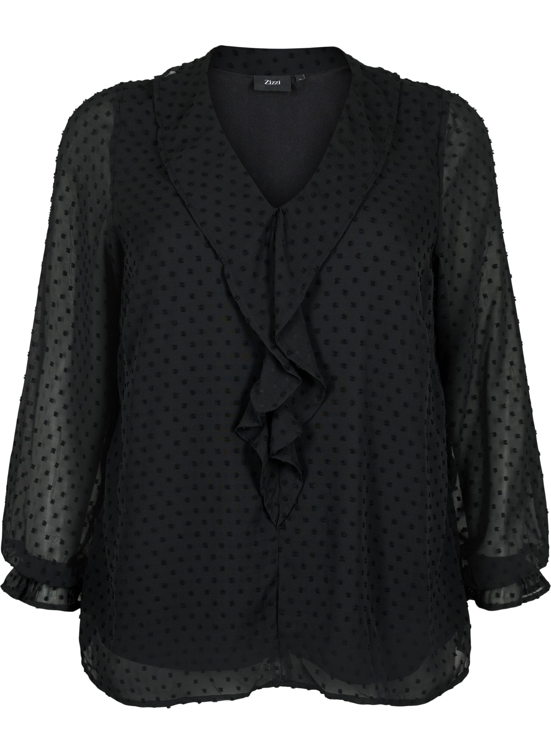 Zizzi Blouse met ruches en gestippelde structuur, Black, Packshot image number 0