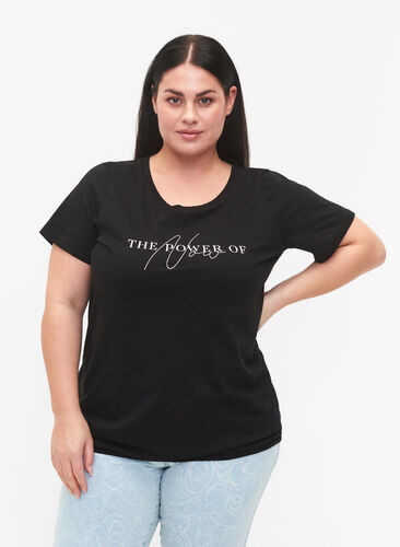 Katoenen t-shirt met mouwen en elastische rand - Zwart - Maat 42-60 - Zizzi