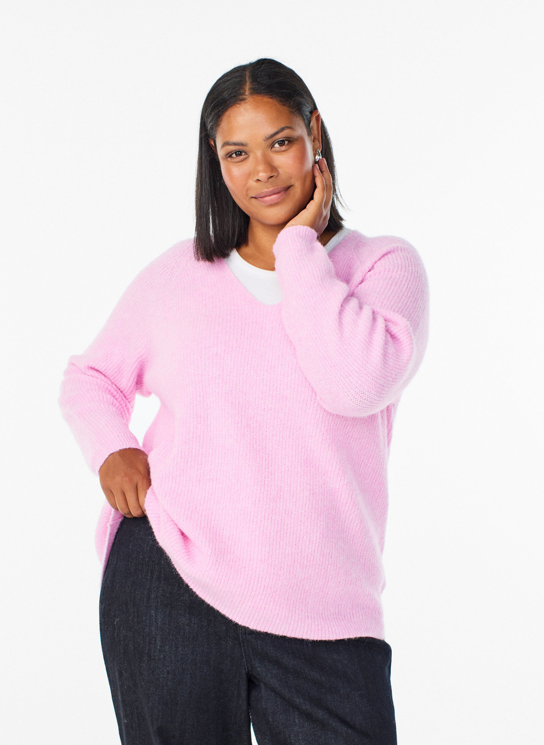 ZizziGebreide blouse met V-hals en raglanmouwen, Roze, Model image number 0