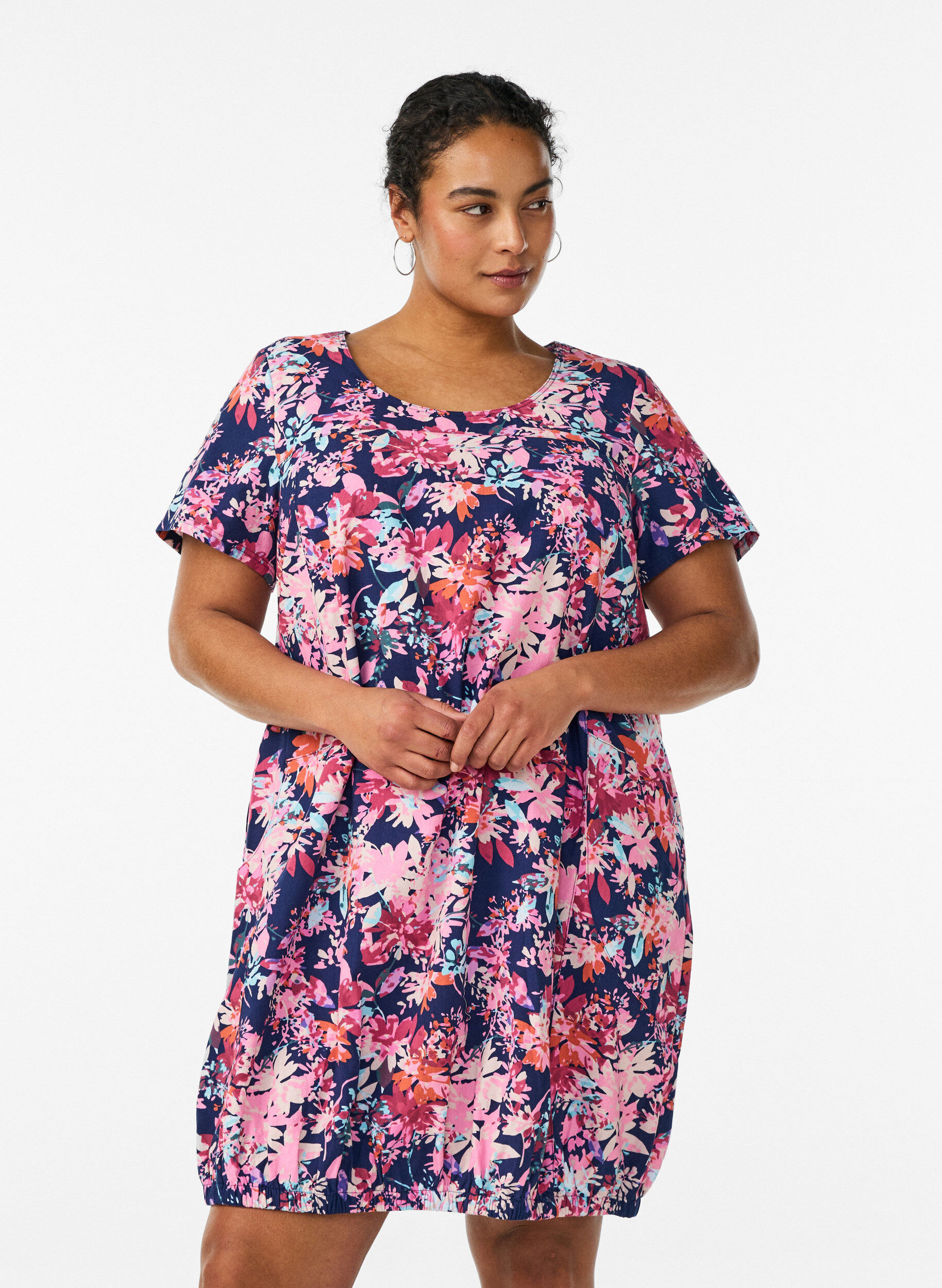 Katoenen jurk met korte mouwen en print, Blauw, Model