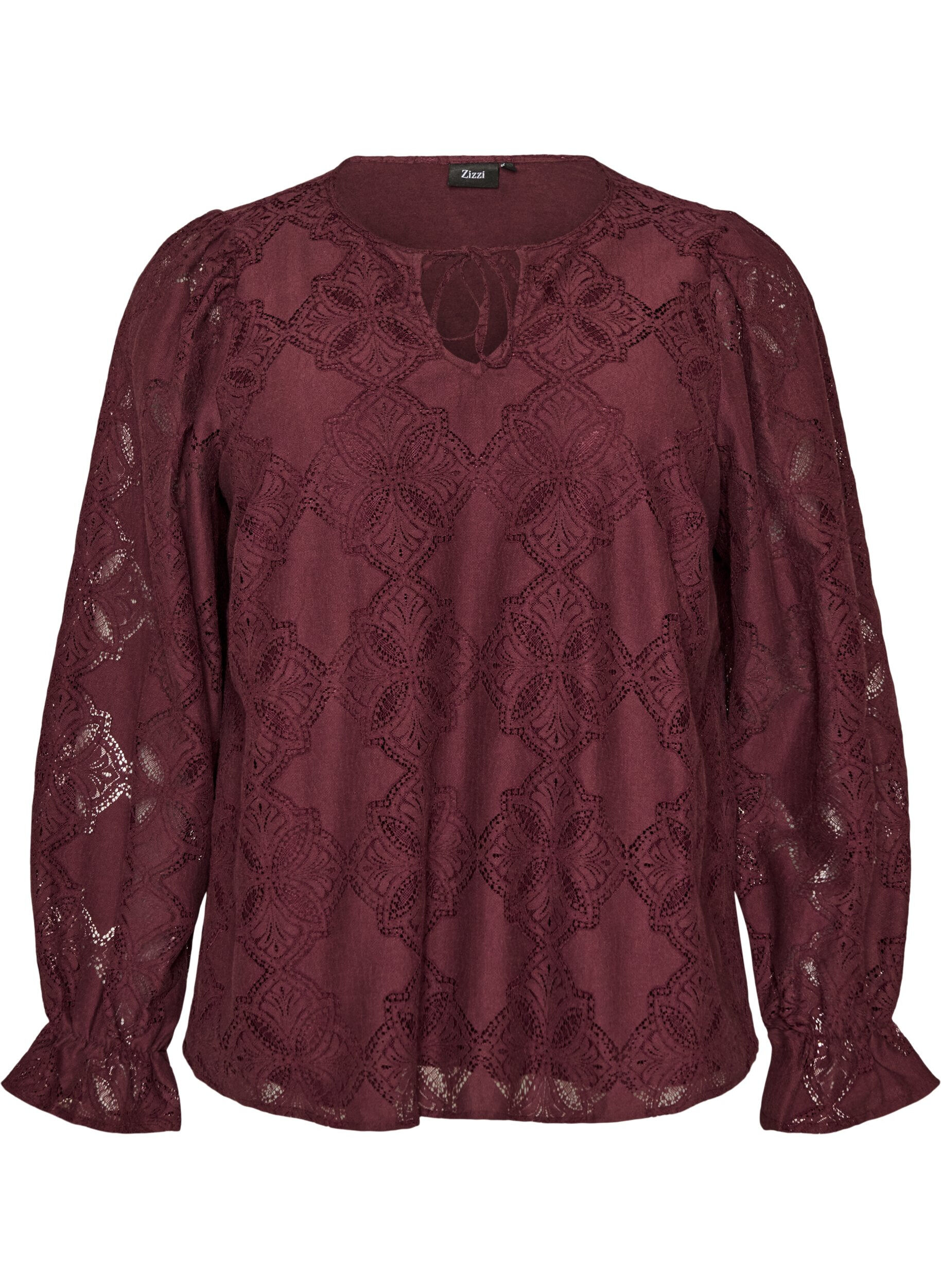 ZizziBlouse met lange mouwen met kantpatroon, Donker Bordeaux, Packshot image number 0