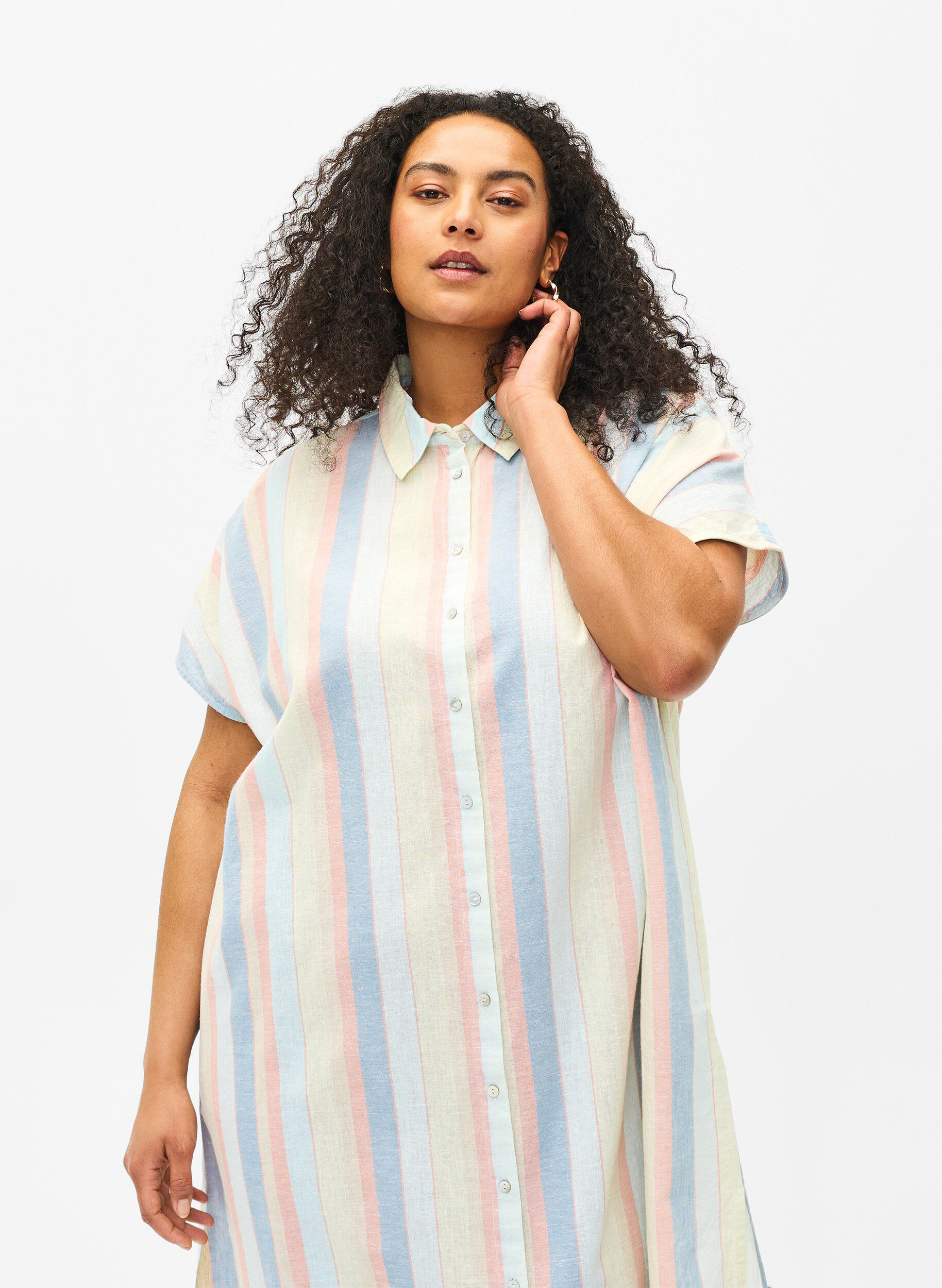 Zizzi Lang shirt van katoenmix met linnen, Wit, Model image number 2