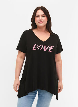 Katoenen T-shirt met korte mouwen, Black LOVE, Model image number 0