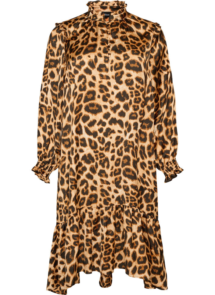 Jurk met luipaardprint en ruches, Bruin, Packshot image number 0