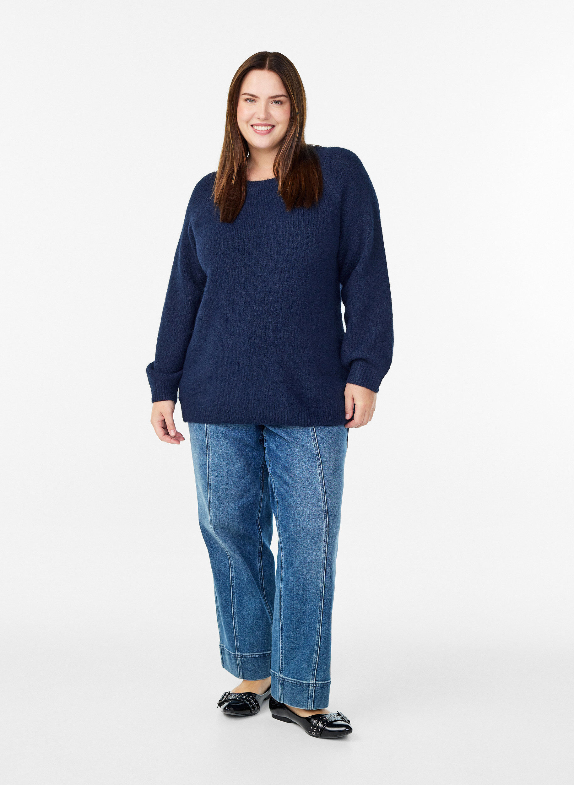 Zizzi Gebreide blouse met raglanmouwen, Blauw, Model image number 1