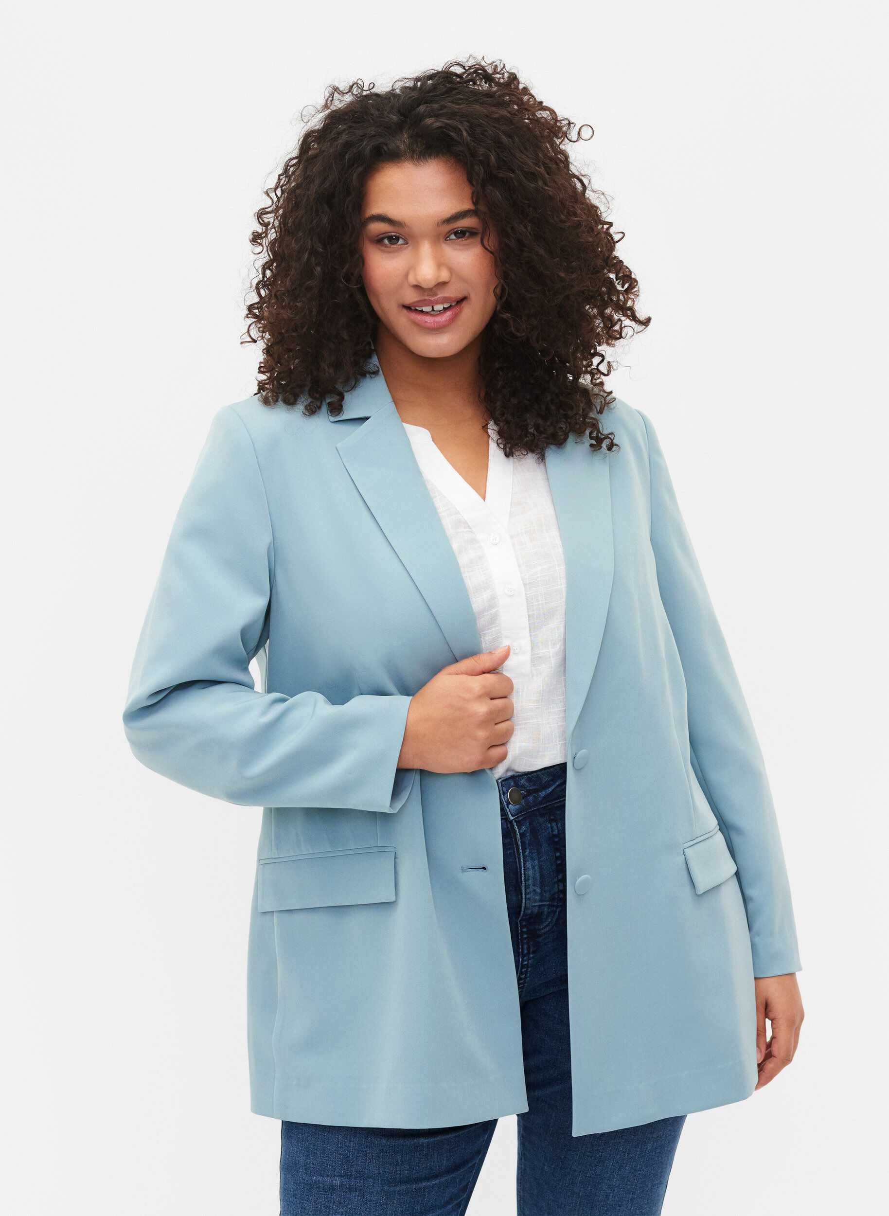 Zizzi Klassieke blazer met knoopsluiting, Citadel, Model image number 0