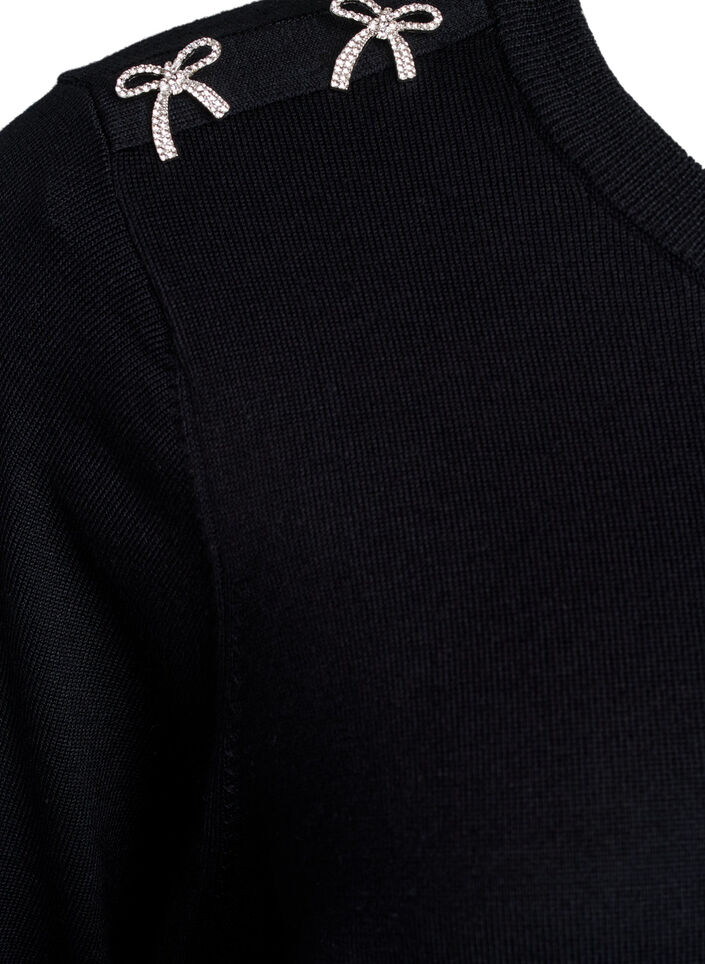 Gebreide blouse met korte mouwen en kleine strikken, Zwart, Packshot image number 3