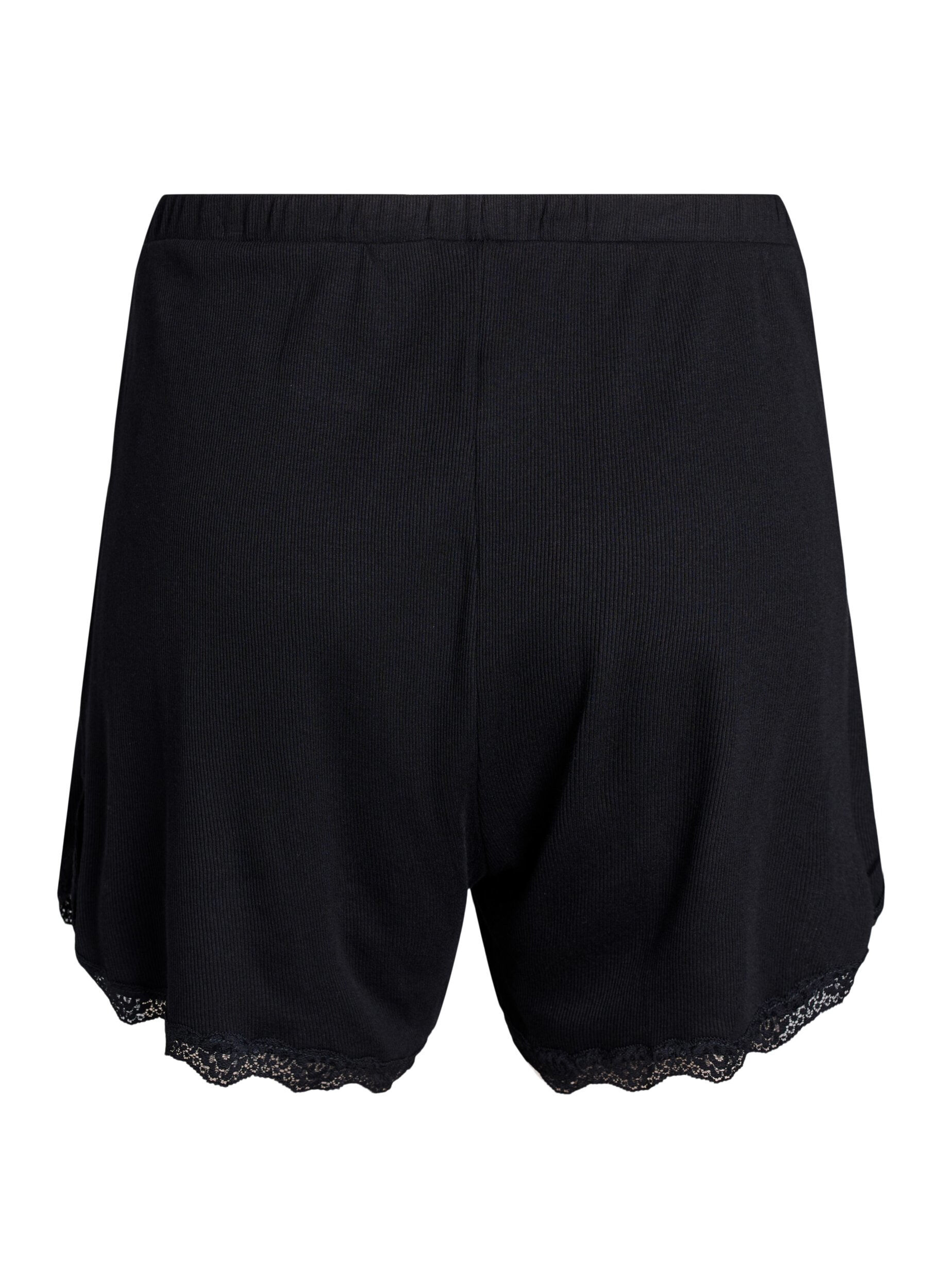 Zizzi Lichte nachtshorts met ribde structuur en kanten afwerking, Zwart, Packshot image number 1