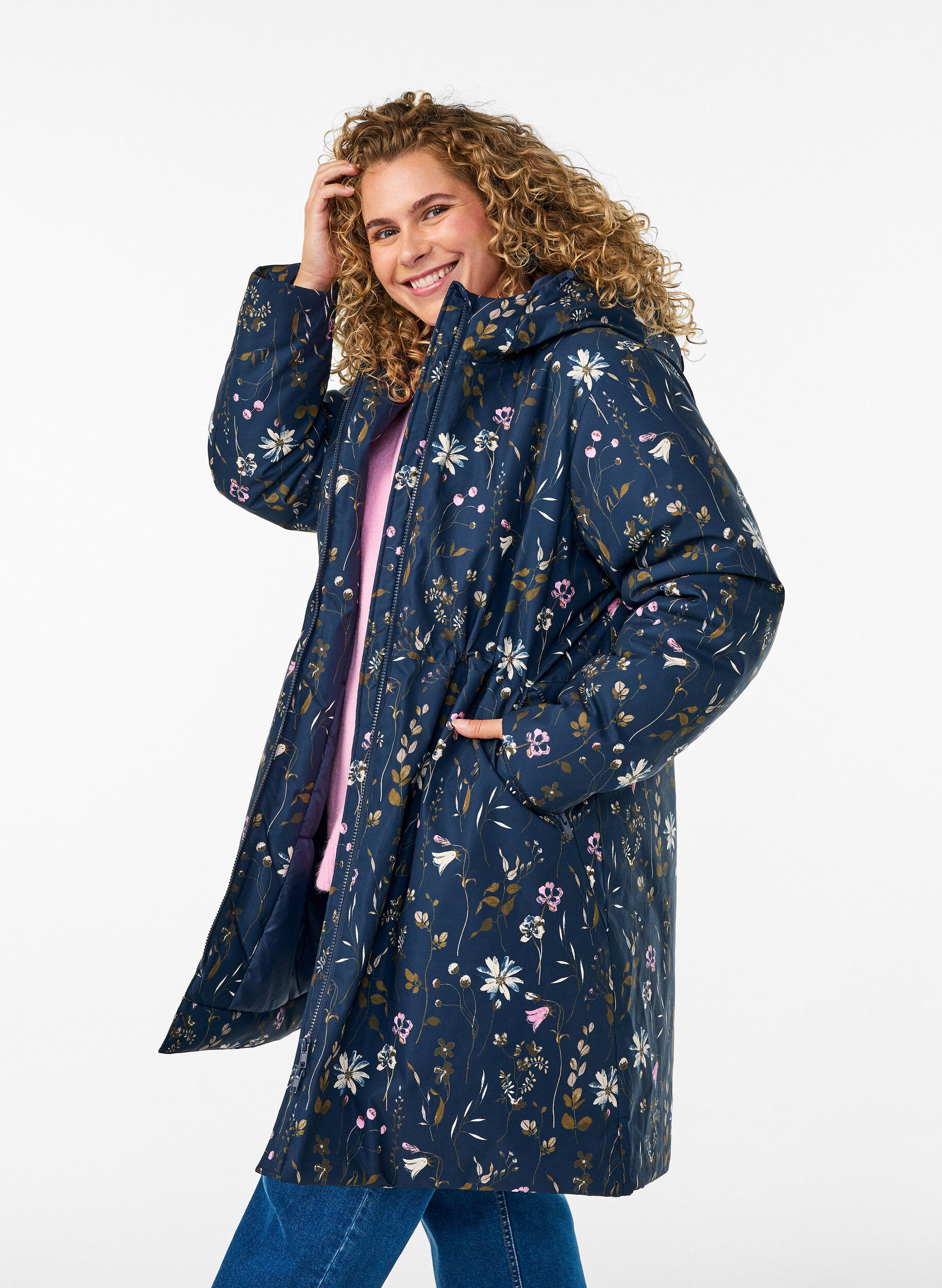 Gewatteerde winterjas met bloemenprint, Blauw, Model