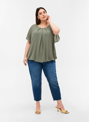 Korte blouse met losse mesh mouwen, Agave Green, Model image number 2