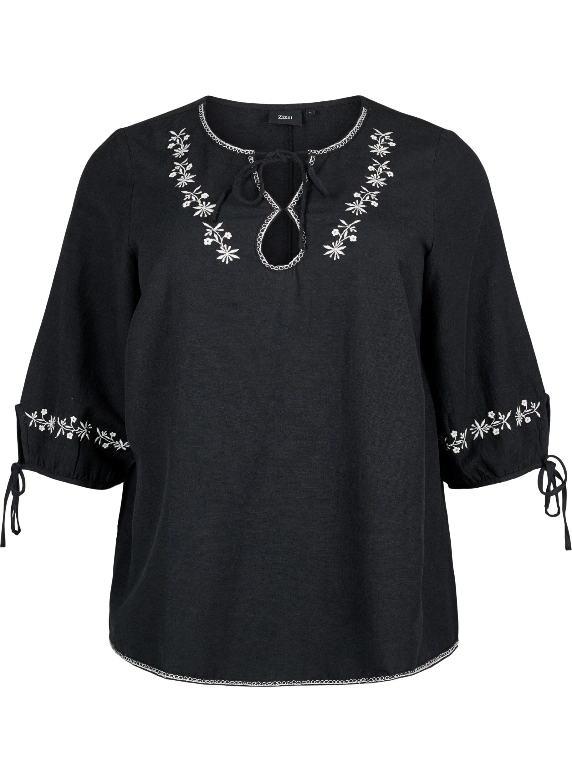 Zizzi Geborduurde blouse van katoenmix met linnen, Black W. EMB, Packshot image number 0