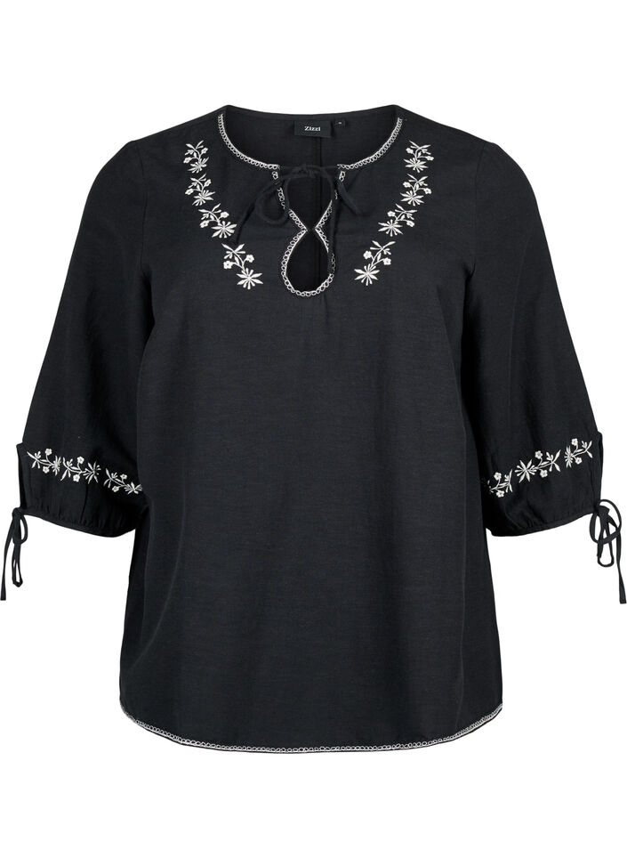 Geborduurde blouse van katoenmix met linnen, Black W. EMB, Packshot image number 0