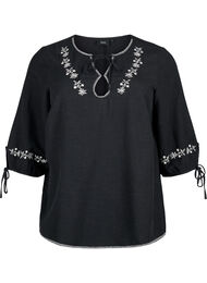 Geborduurde blouse van katoenmix met linnen, Black W. EMB