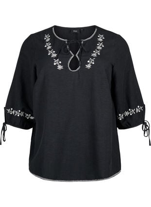 Geborduurde blouse van katoenmix met linnen, Black W. EMB, Packshot image number 0