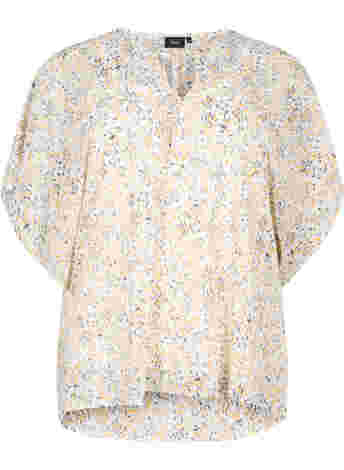 Bedrukte blouse met strikkoord en korte mouwen