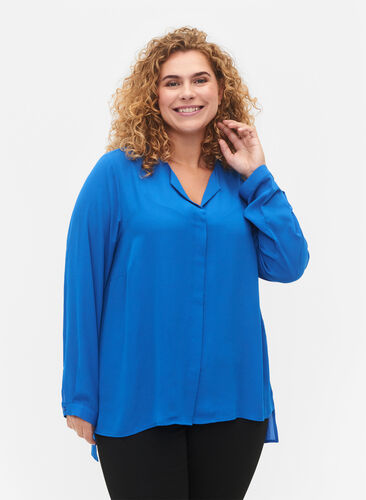Effen shirt met V-hals, Princess Blue, Model image number 0