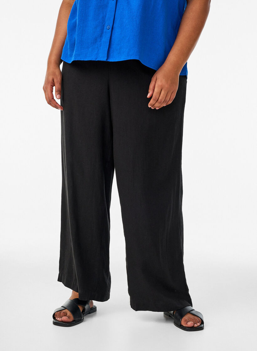 Wijde linnen en viscose broek, Zwart, Model image number 2