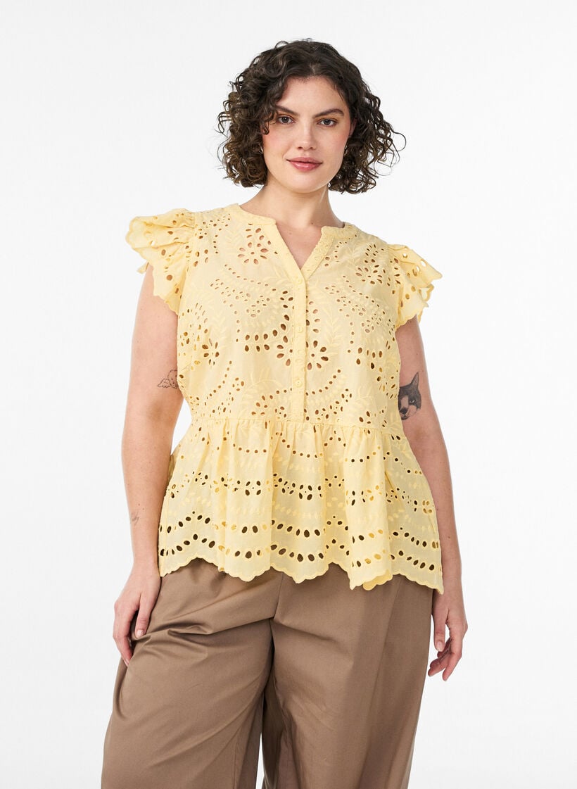 Mouwloze blouse met broderie anglaise en ruches, Geel, Model image number 0