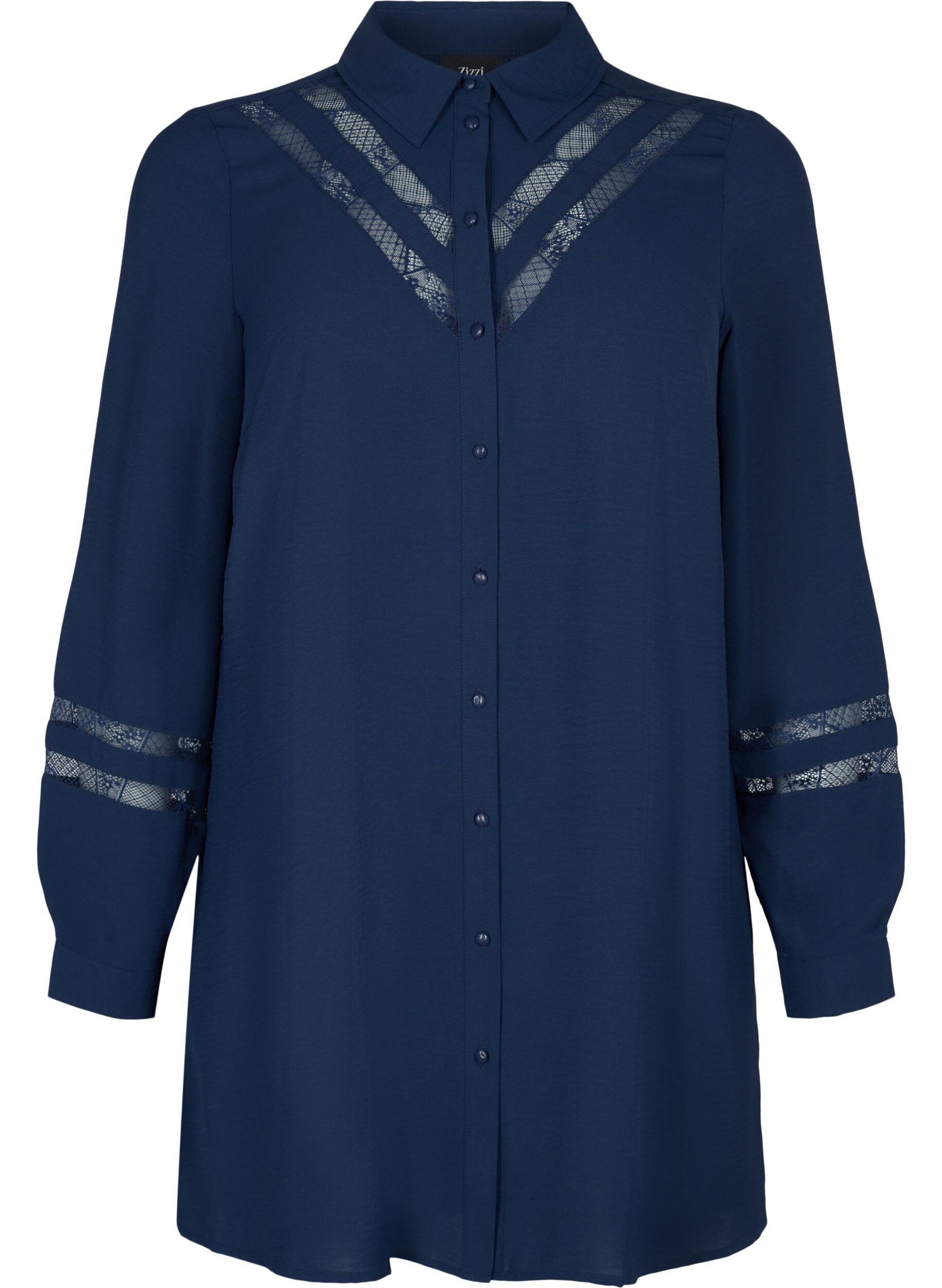 Zizzi Lang shirt met kanten details, Navy Blazer, Packshot image number 0