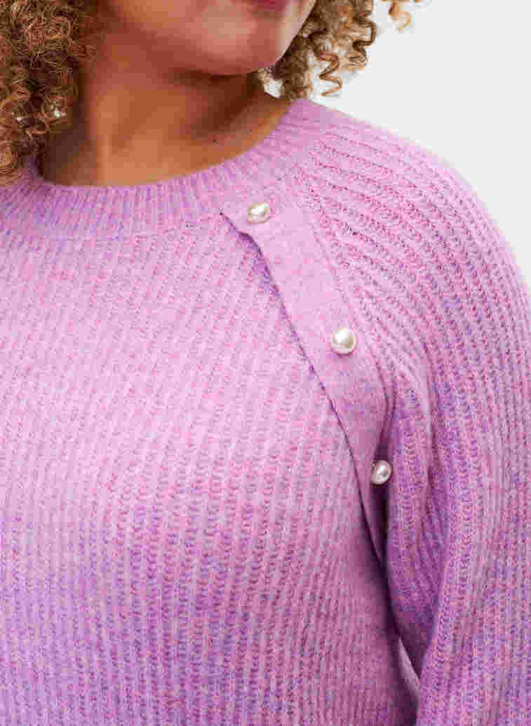 Gemêleerd gebreide trui met parelknopen, Purple Mel., Model image number 2