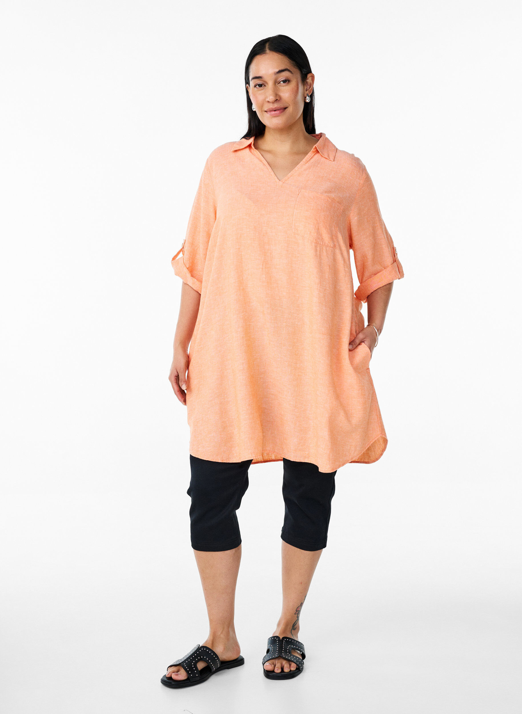 Zizzi Tuniek van linnen en viscose met A-vorm, Oranje, Model image number 1