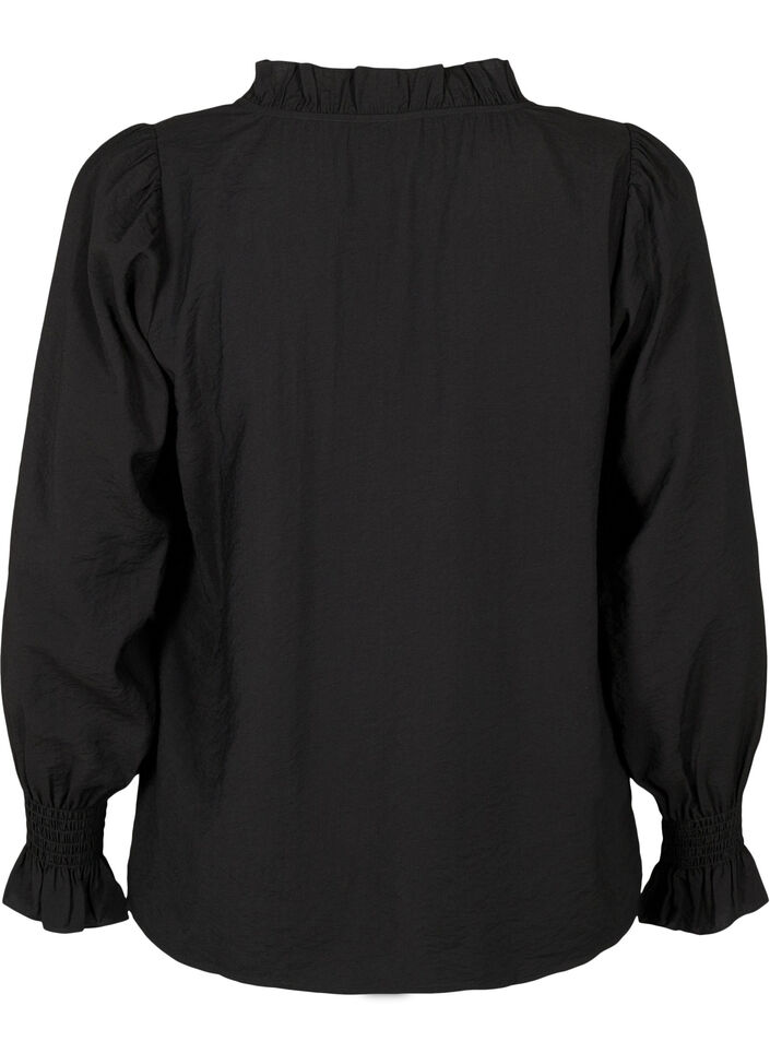 Lange-mouwen viscose blouse met ruche details, Black, Packshot image number 1