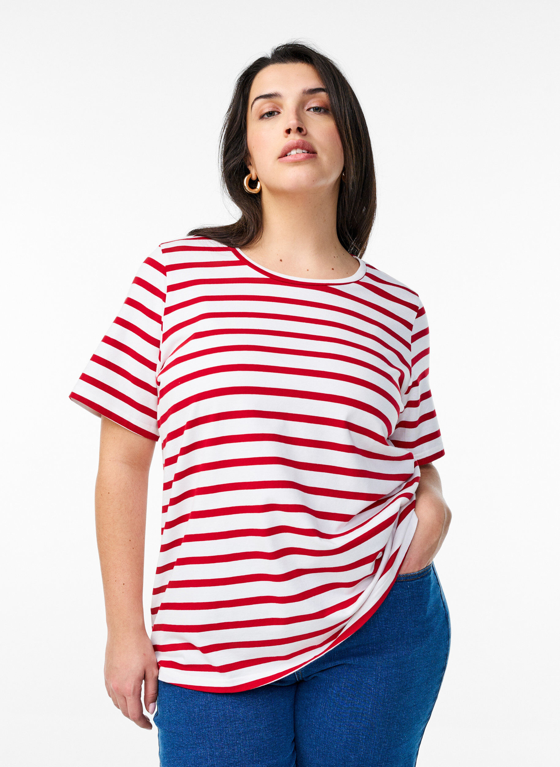 Zizzi Gestreept T-shirt van biologisch katoen, Rood, Model image number 0