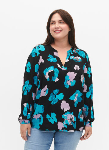 Viscose blouse met print en lange mouw, Blue AOP, Model image number 0