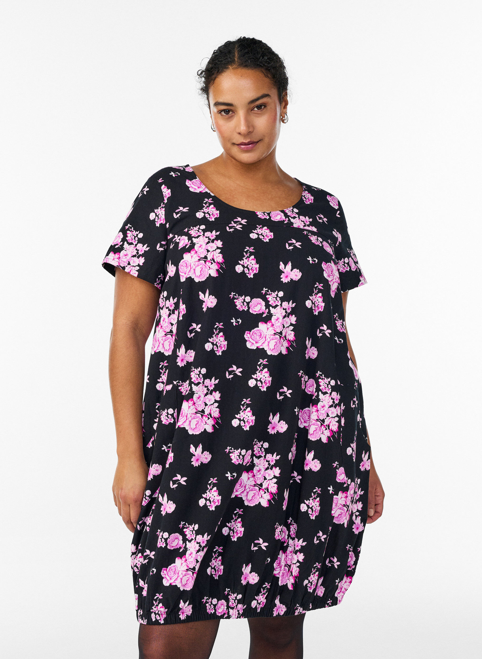 ZizziKatoenen jurk met korte mouwen en print, Zwart, Model image number 0