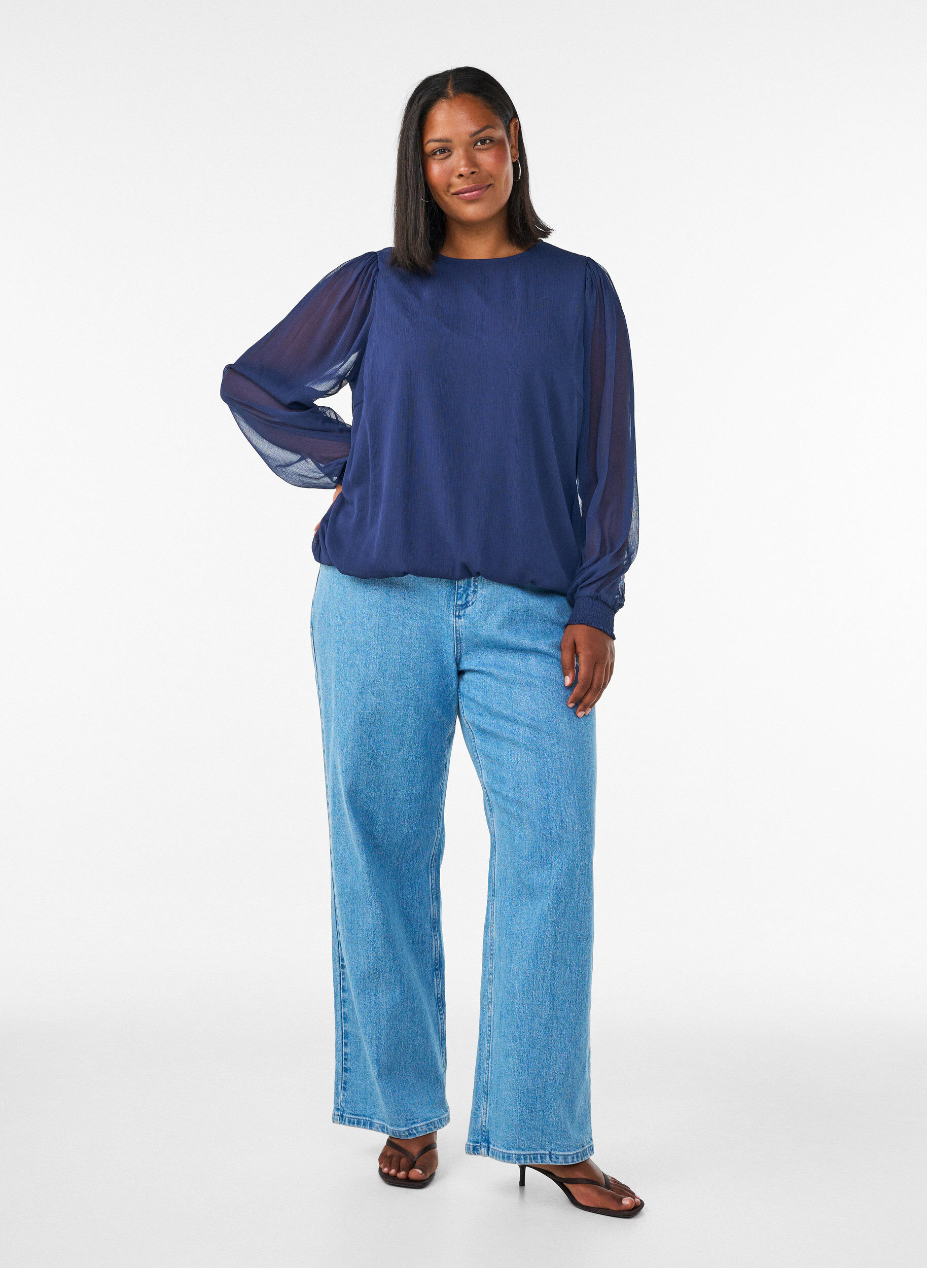 ZizziChiffonblouse met doorschijnende mouwen, Blauw, Model image number 1