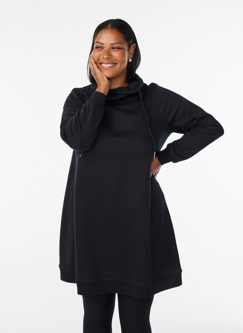 Kort sweatshirt jurk met hoge kraag en zakken, Zwart, Model image number 0