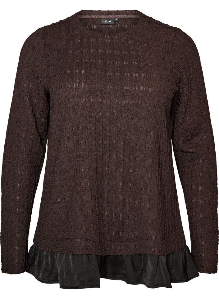 Blouse met structuur en volantzoom, Bruin, Packshot image number 0