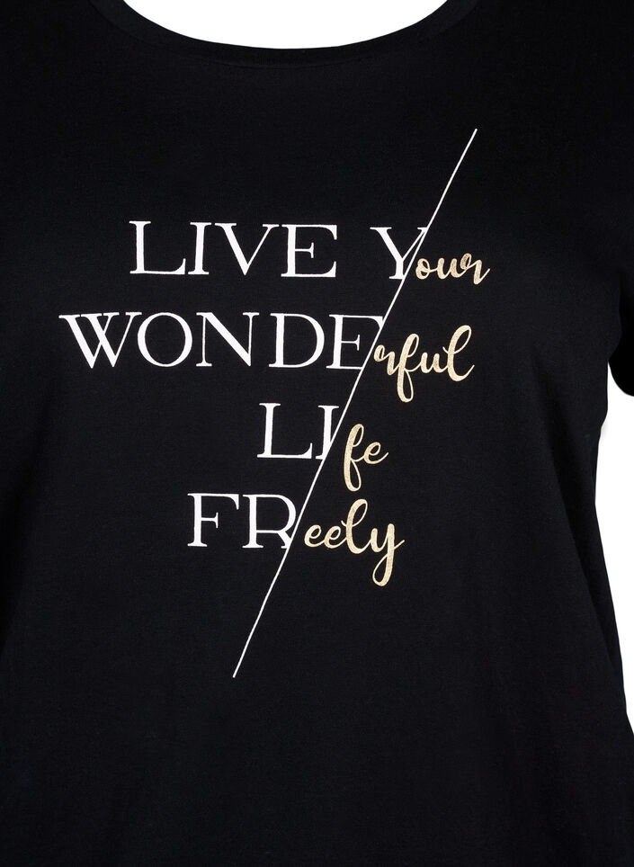 Katoenen t-shirt met korte mouwen en elastische rand, Black w. Live, Packshot image number 2