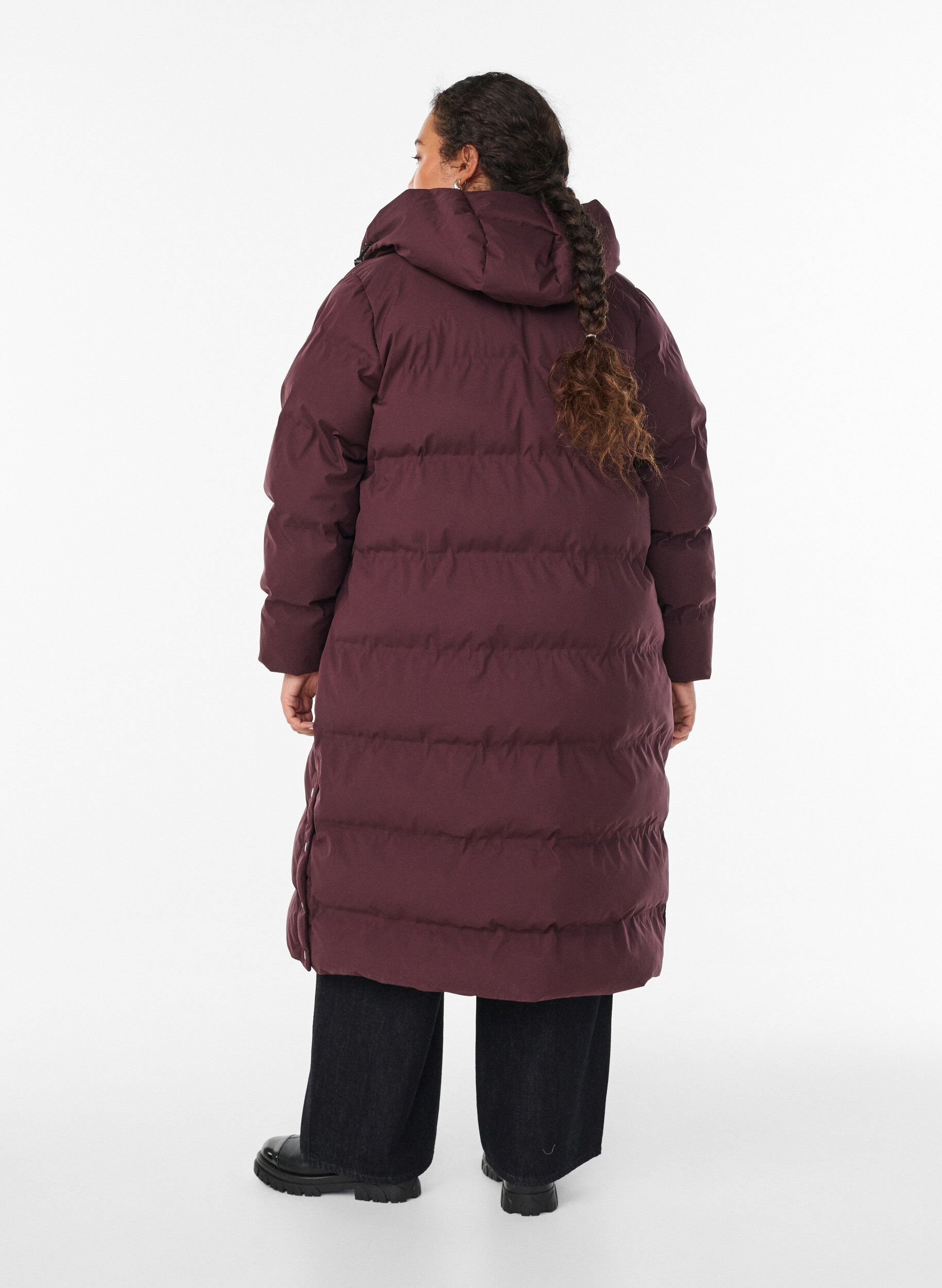 Zizzi Lange puffer winterjas met capuchon, Donker Bordeaux, Model image number 1