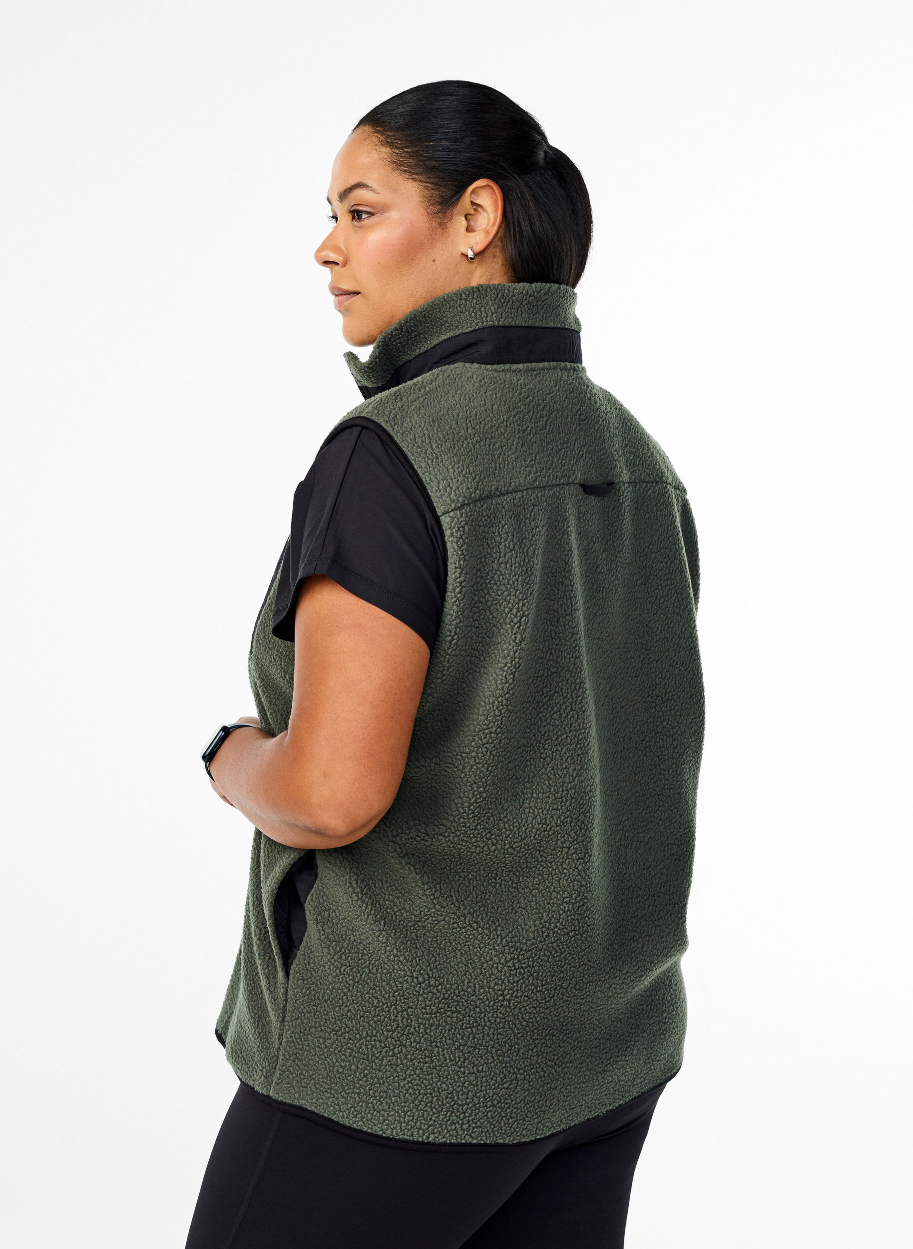 Zizzi Sportieve teddy bodywarmer met zakken, Thyme, Model image number 1