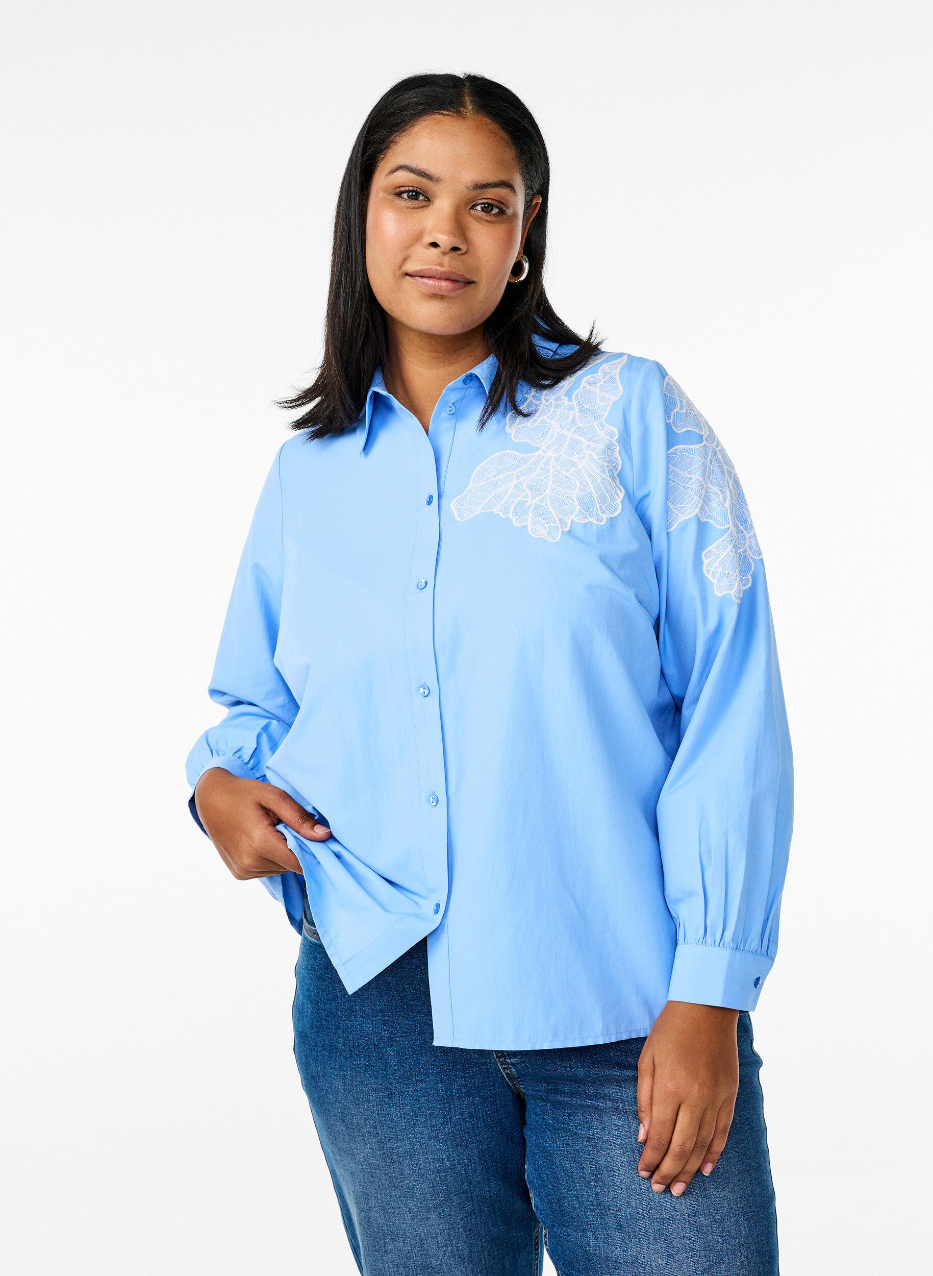 Zizzi Shirt met kanten details, Blauw, Model image number 0
