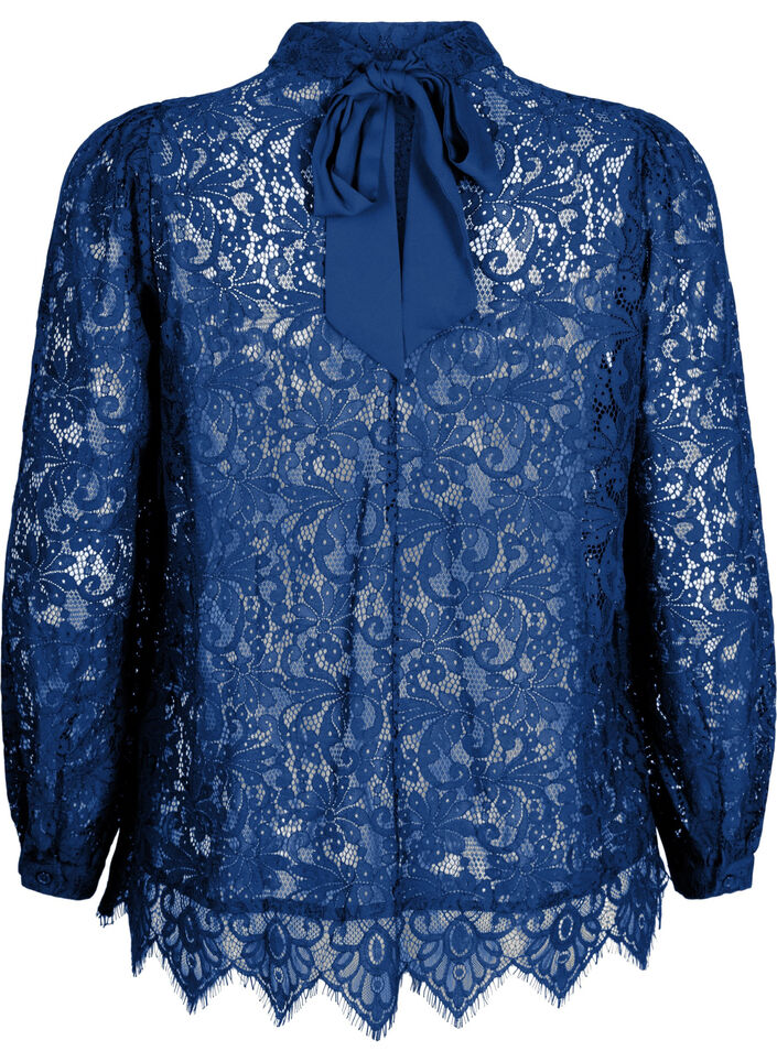 Kanten blouse met strikdetail, Estate Blue, Packshot image number 1