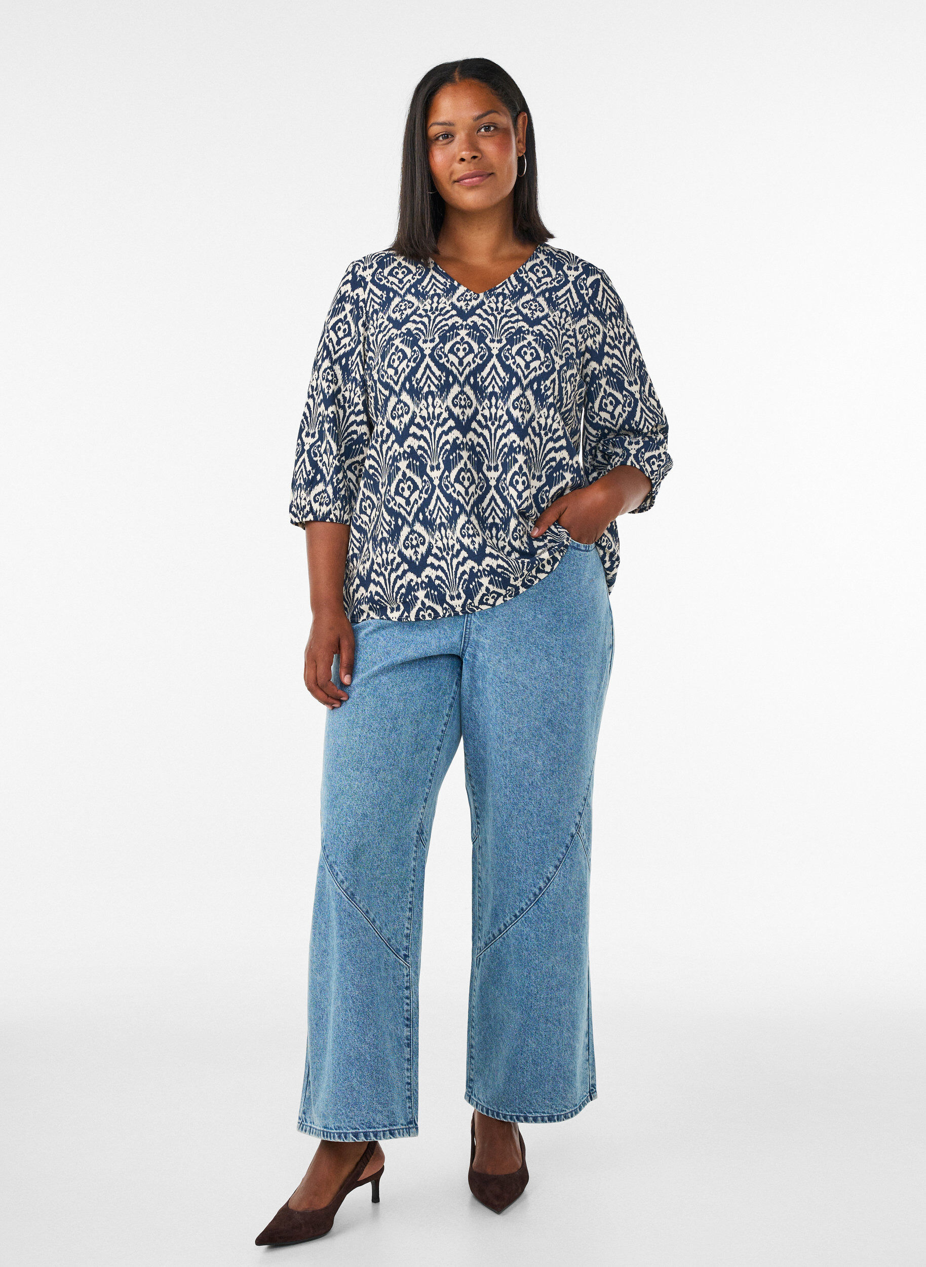 ZizziBlouse van viscose met patroon en 3/4-mouwen, Blauw, Model image number 1