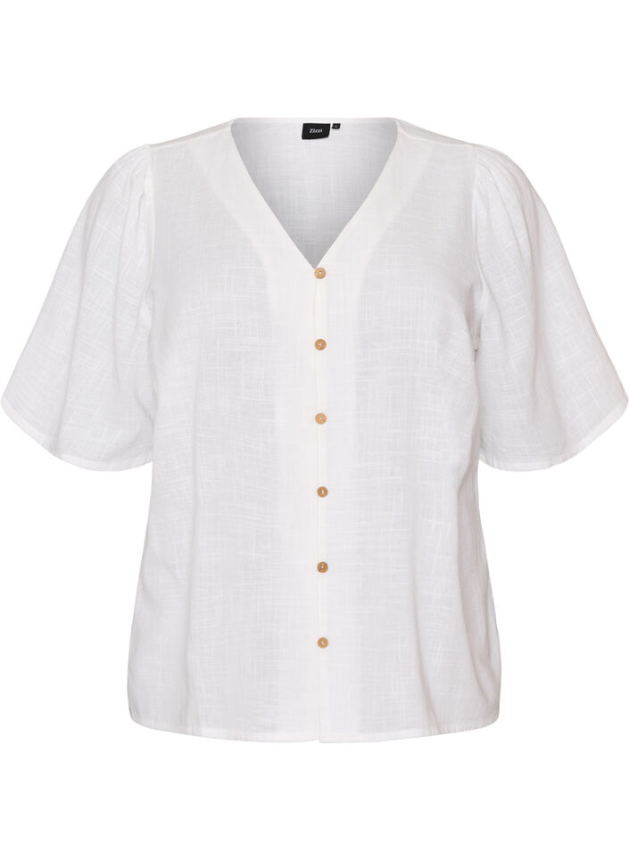 Katoenen shirt met korte mouwen en een V-hals, Wit, Packshot image number 0