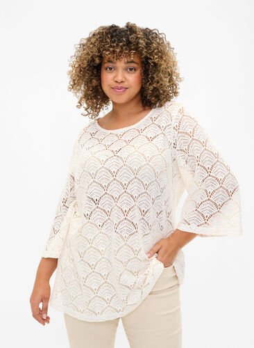 Crochet Blouse met 3/4 mouw, Sandshell, Model image number 0