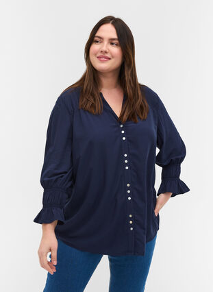 Viscose blouse met knoopsluiting en 3/4-mouwen, Navy Blazer, Model image number 0