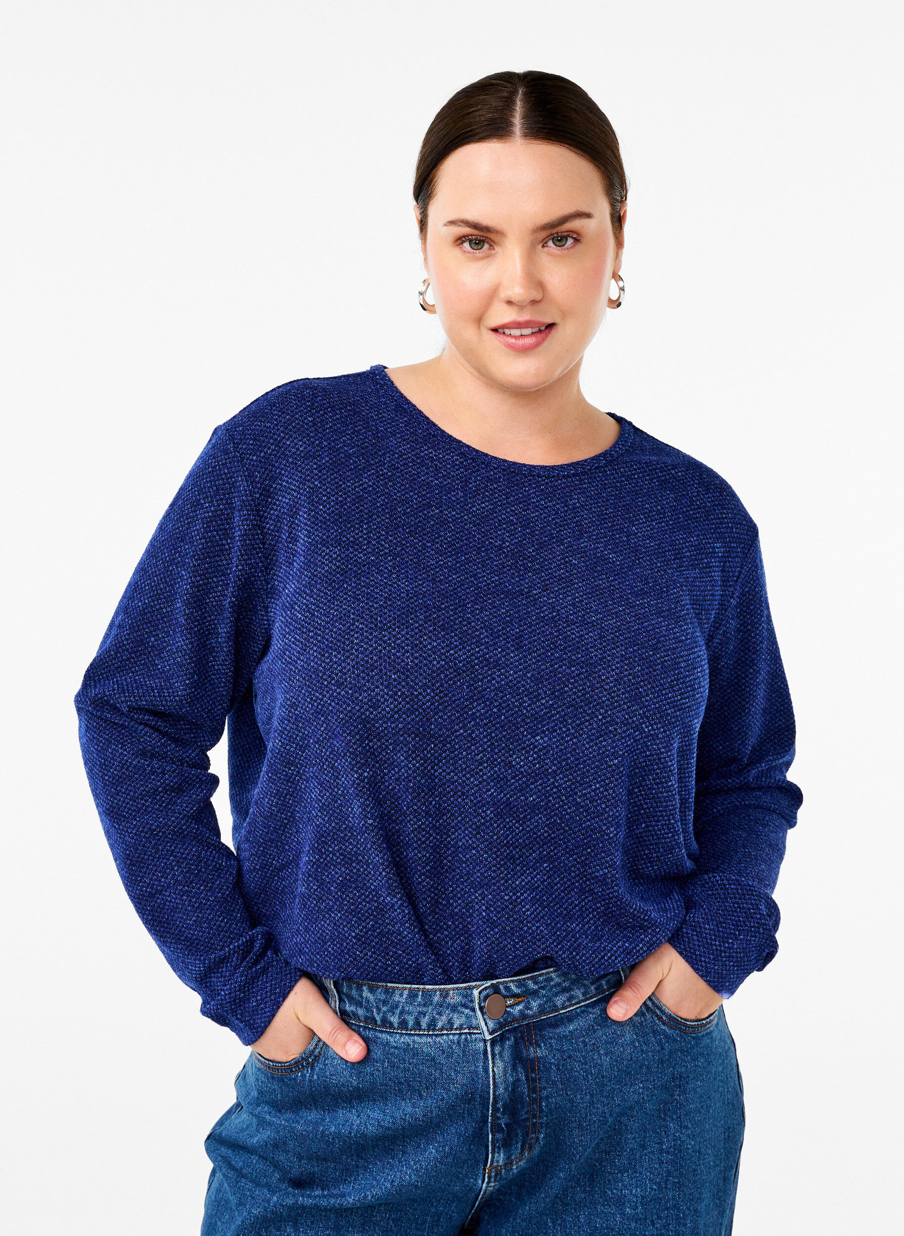 Zizzi Melange Blouse met een rond halsje en lange mouw, Sodalite Blue, Model image number 0