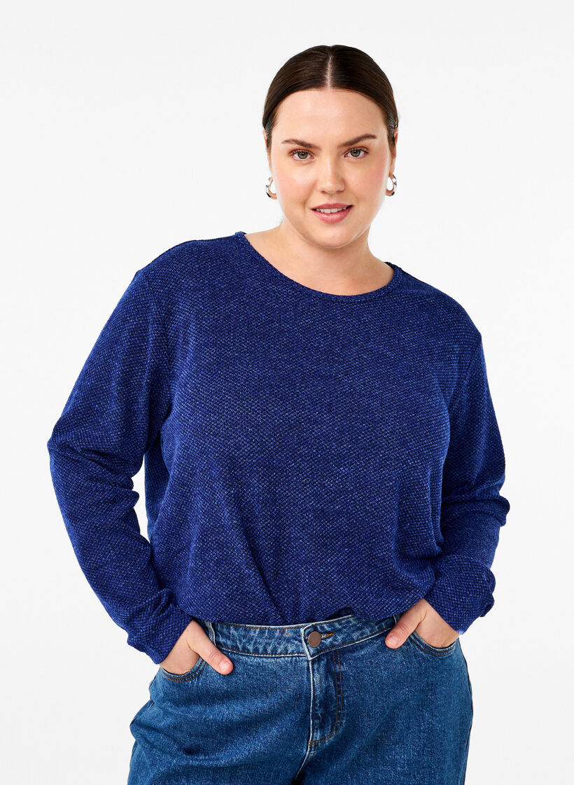 Melange Blouse met een rond halsje en lange mouw, Sodalite Blue, Model image number 0