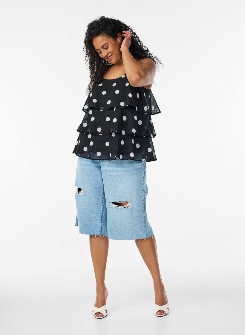 Gelaagde top met ruches en spaghettibandjes, Zwart, Model